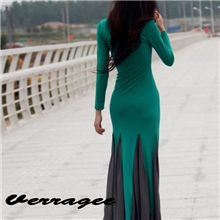 威娅纪2013秋装新款欧美大牌修身显瘦撞色拼色拖地长裙超长连衣裙