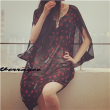 2013夏欧美大牌蝙蝠袖拼色不规则透视镂空雪纺罩衫连衣裙