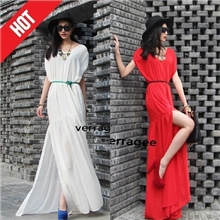 2013夏新欧美v领宽松透视开叉雪纺超长连衣裙沙滩裙拖地长裙大码