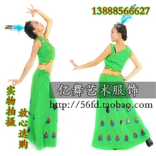 云南民族服装傣族孔雀服装玫红色绿色傣族女装女裙舞蹈舞台演出服