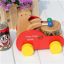 厂家直销原单小熊敲鼓车榉木益智拖拉玩具车音乐环保儿童拉车