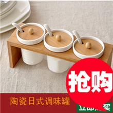 特价秒杀！原价36.5天然竹制纯白陶瓷罐调味盒、调料瓶三件套