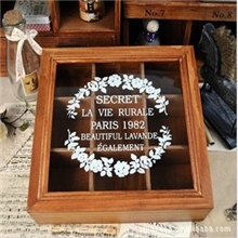 zakka杂货九格玻璃印花收纳盒实木做旧木盒首饰盒A22-9052