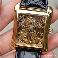 winner镀金方形镂空窗花上链机械表时装表皮革腕表礼品表A386