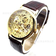 高档机械品牌手表新款时尚女士皮带机械表金色镂空男士机械表