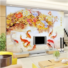 餐厅客厅电视背景墙大型壁画墙纸现代中式无纺布壁纸九鱼图牡丹