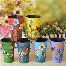 田园家居装饰铁皮桶彩绘铁艺花盆花桶收纳置物复古铁桶