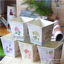 现代时尚家居摆设帖纸方口铁皮桶欧式铁皮花器花瓶装饰品