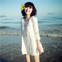 8085#2013新款韩版淑女海边沙滩裙全蕾丝勾花连衣裙