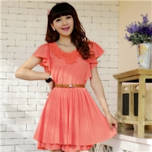 7290#2012镂空勾花圆领荷叶袖飘逸百褶双层下摆收腰连衣裙配腰带