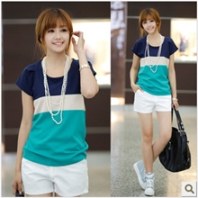 TX476#2013韩版女装夏新款圆领短袖拼接大码宽松雪纺T恤上衣