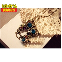 2212欧美复古三色嵌钻镂空雕花可爱猫头鹰项链毛衣链