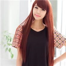 义乌假发厂酒红色长直发假发批发代理韩式可爱jiafa修脸