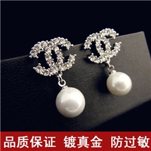 高档正圆珍珠小香双CC防敏耳环/耳饰批发韩版韩国耳钉首饰2265