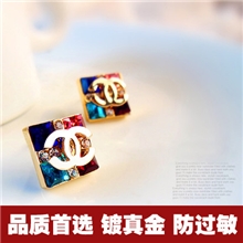 小香双CC方型彩色锆石耳钉/耳饰批发韩版高档防过敏饰品800817