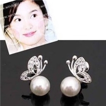 E0042韩国饰品宋惠娇玉兰油广告镶钻蝴蝶珍珠耳钉/耳饰批发