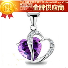 韩版饰品925纯银项链紫水晶心嫎水晶吊坠欧美饰品银饰厂家