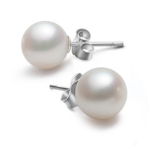 国裕珍珠925银镀白金8-9MM正圆无暇天然淡水强光珍珠耳钉