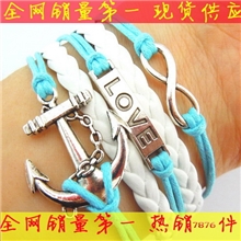复古船锚浪漫密码LOVE横牌三股辫皮绳腊绳多层手链古银