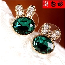 804厂家供应海绿色水钻精致兔子耳钉饰品批发品质保证包邮