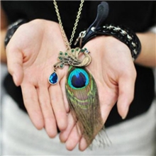 厂家批发最低价韩版新款饰品复古满钻长款孔雀羽毛项链毛衣链