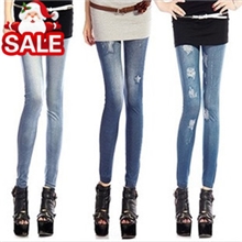韩国新款仿牛仔高弹雪花破洞九分裤女打底裤批发义乌厂家直销
