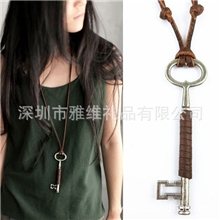 韩版时尚饰品长款金属复古钥匙吊坠牛皮项链外贸淘宝热销