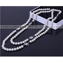 制定版珠光宝气珍珠项链奢华小香双C吊坠珍珠长链批发带镭射标