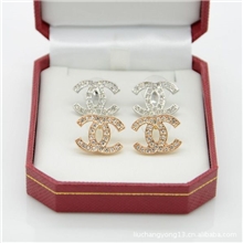 韩版饰品耳钉批发奢华名品香香经典奥钻双C款耳钉大小款两色入
