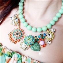 J*CREW满钻花形粉绿色珠珠欧美大牌质感奢华宝石水晶项链批发