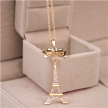 新款火爆外贸原单韩版蝴蝶结铁塔镶钻合金项链吊坠[HZL-0165]