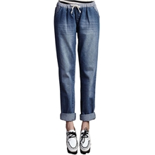 牛仔裤批发女韩版宽松松紧腰休闲裤卷边长裤