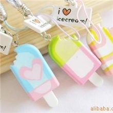GJ095厂家直销我爱冰激凌雪糕手机挂件带皮绳10g批发挂件