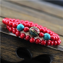 精品推荐珊瑚珠配松石尼泊尔转运铜珠手链女款双层天然辟邪039