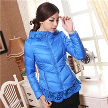 missfofo2013冬季新款韩版潮蕾丝下摆连帽泡泡袖品牌短款女羽绒服