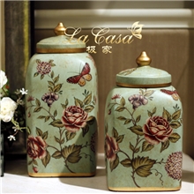 批发田园采花陶瓷小号圆尖盖坛收纳/欧式仿古家居摆件/结婚礼品