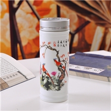 供应白石陶瓷保温杯批发双层瓷传统青花山水陶瓷保温杯厂家直销
