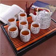 火爆促销7头烫金大提梁陶瓷茶具套装白金蓝藤图案茶具批发