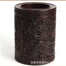 黑梓木御天五龙图实木雕刻笔筒红木工艺品摆件商业礼品文房四