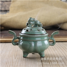 龙泉青瓷香薰炉观赏兽头双耳三足香炉佛具正宗哥窑紫口铁足批发