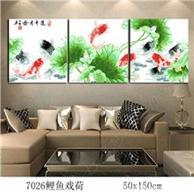 【厂家直供】diy手绘数字油画代理加盟贴牌装饰三联画鲤鱼戏荷