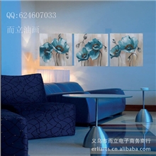 客厅装饰三联画无框纯手绘油画蓝色经典