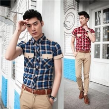 夏装新款韩版修身衬衫男士短袖衬衫格子衬衣男