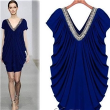 夏装新款大码女装欧美大牌钉珠V领打底显瘦连衣裙