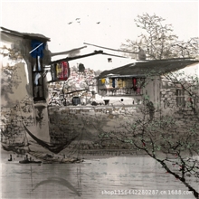 斗方水乡画30*30mm水墨苏州江南水乡微喷高仿水墨画宣纸画芯