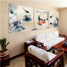年年有鱼书法装饰画壁画书房卧室客厅现代三联装饰无框画挂画