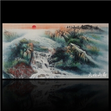 中国画山水画瀑布流水河流有山有水办公室挂画有太阳客厅画