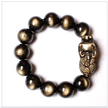 供应天然金曜石貔貅手链黑曜石貔貅手链颗颗金眼超漂亮男