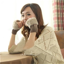 2013韩版淑女百搭格子纹短款冬季保暖毛线针织兔毛半指手套7色