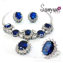 高档蓝色水晶锆石饰品套装款饰品三件套全精美时尚首饰